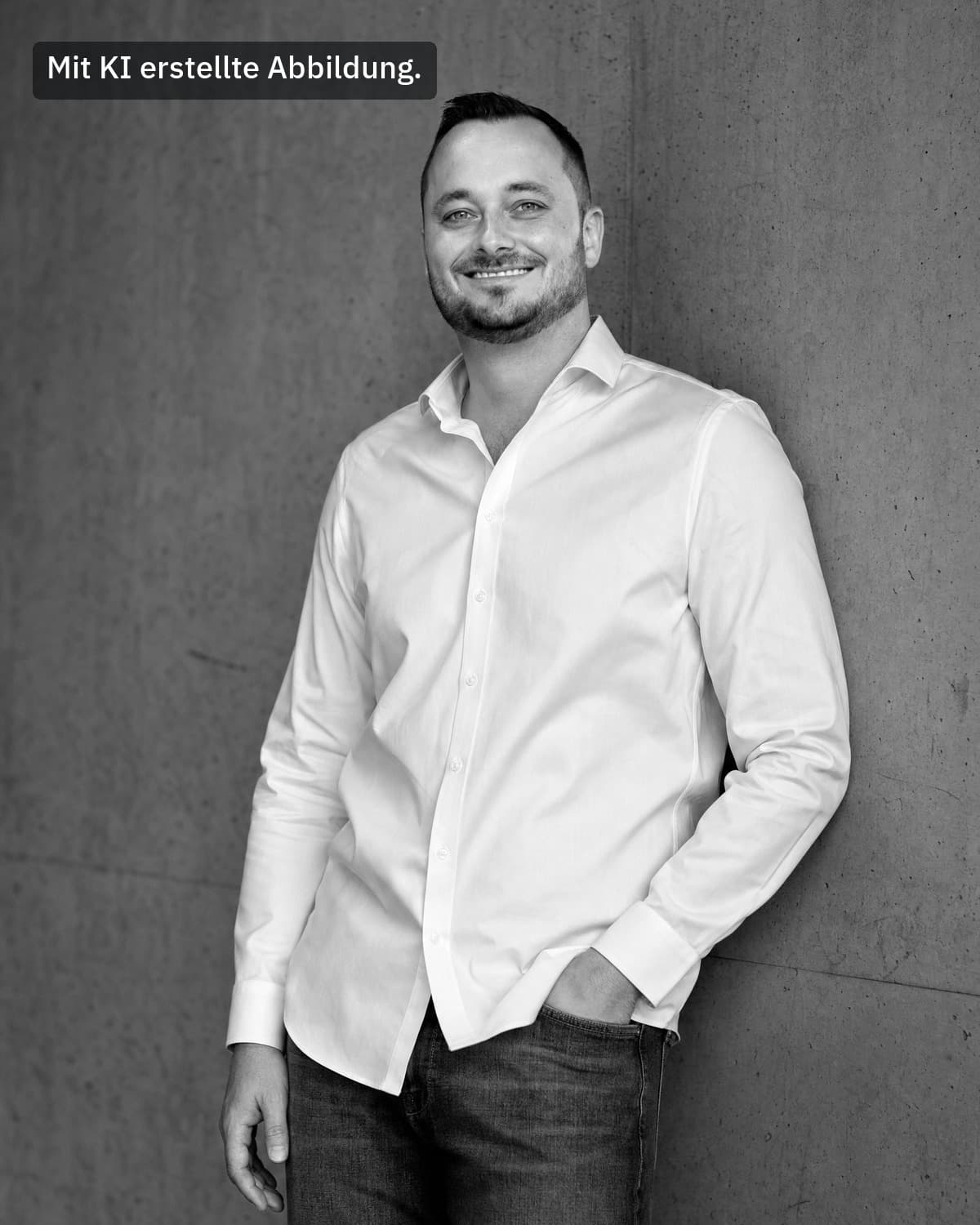Marc Pütter lehnt in weißem Hemd und Jeans lächelnd an einer Betonwand, schwarz-weiß – mit KI erstellte Abbildung