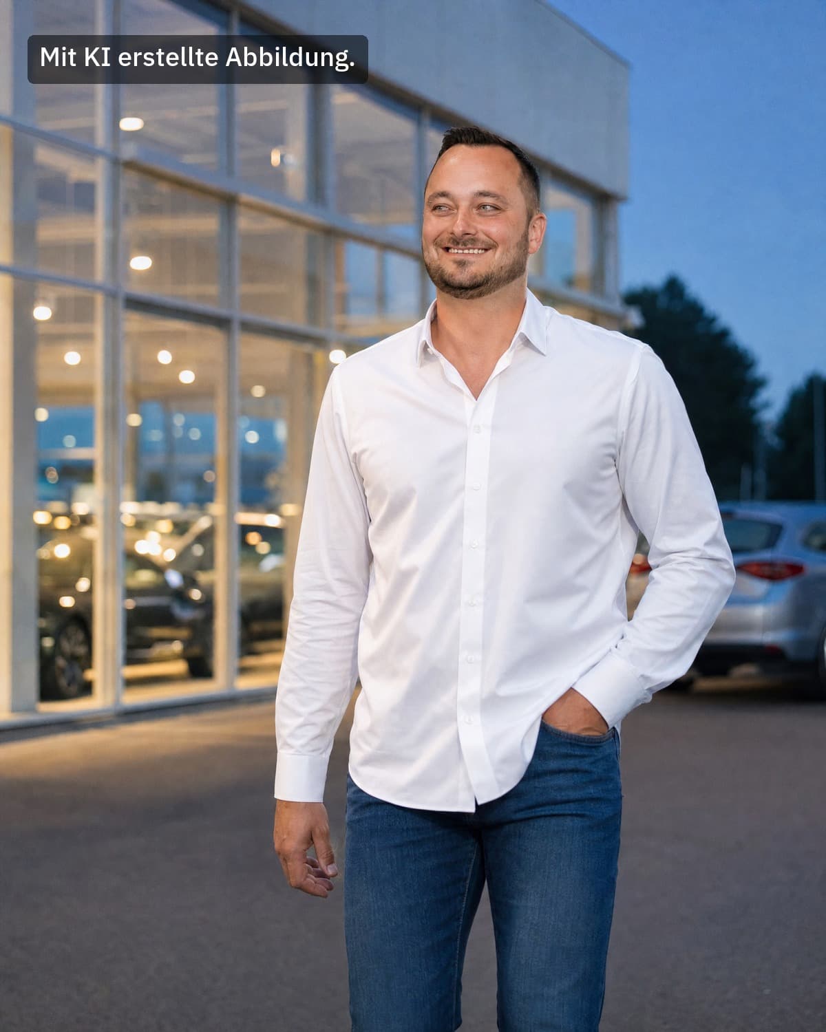 Marc Pütter lächelnd in weißem Hemd und Jeans vor der Glasfront eines Autohauses am Abend – mit KI erstellte Abbildung