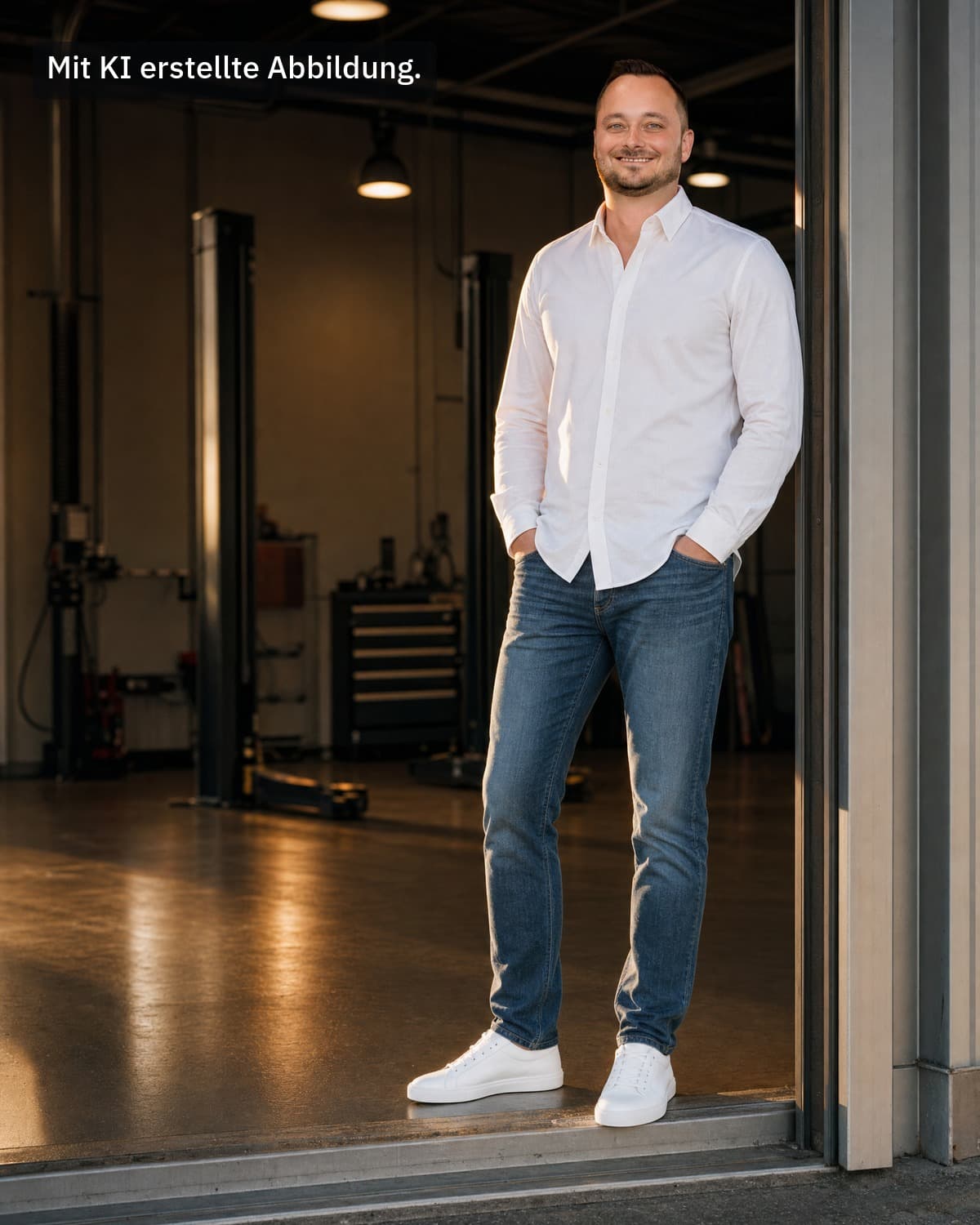 Marc Pütter in weißem Hemd und Jeans im offenen Tor einer Kfz-Werkstatt – mit KI erstellte Abbildung