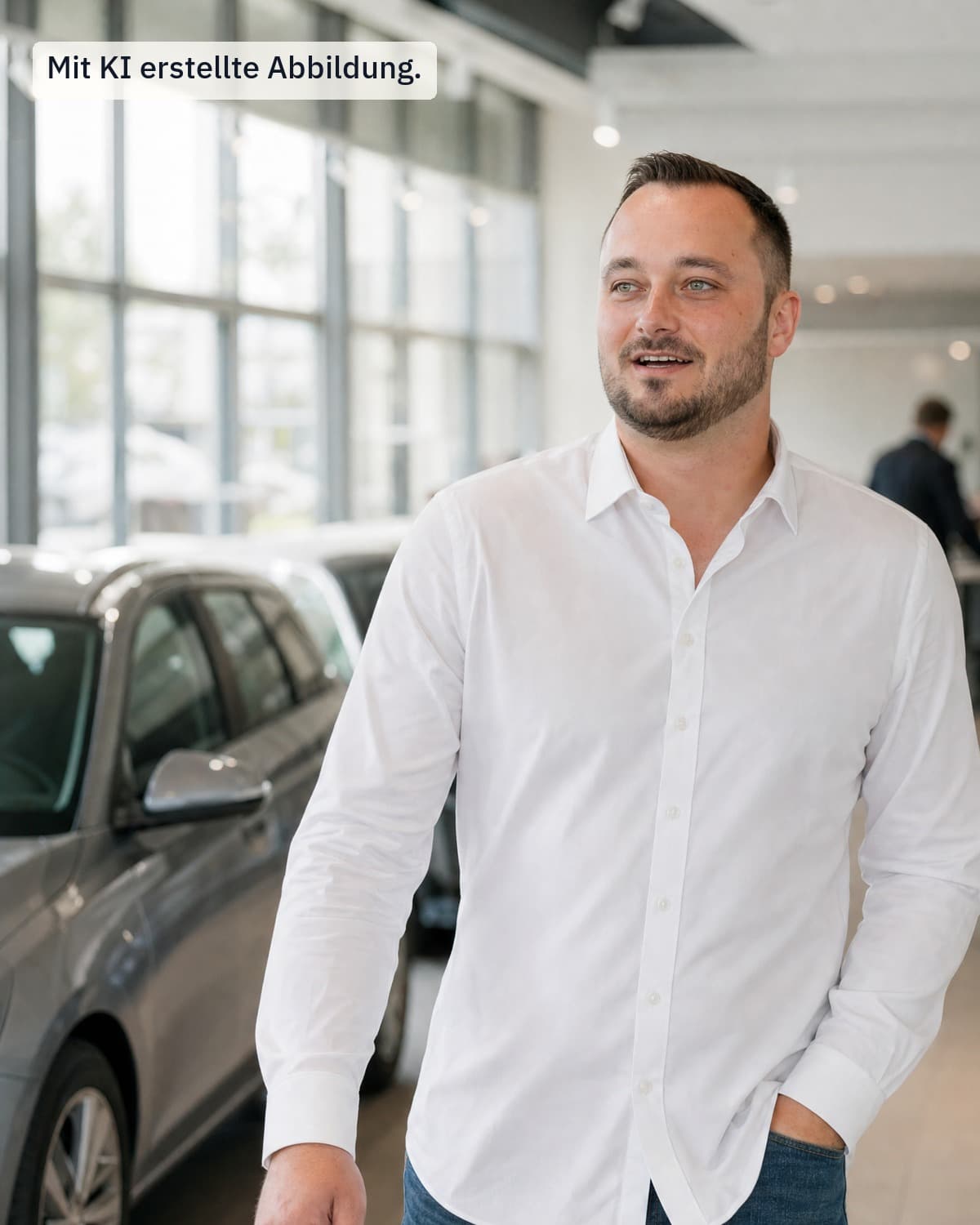 Marc Pütter im Verkaufsraum eines Autohauses, im Gespräch zur Seite blickend – mit KI erstellte Abbildung