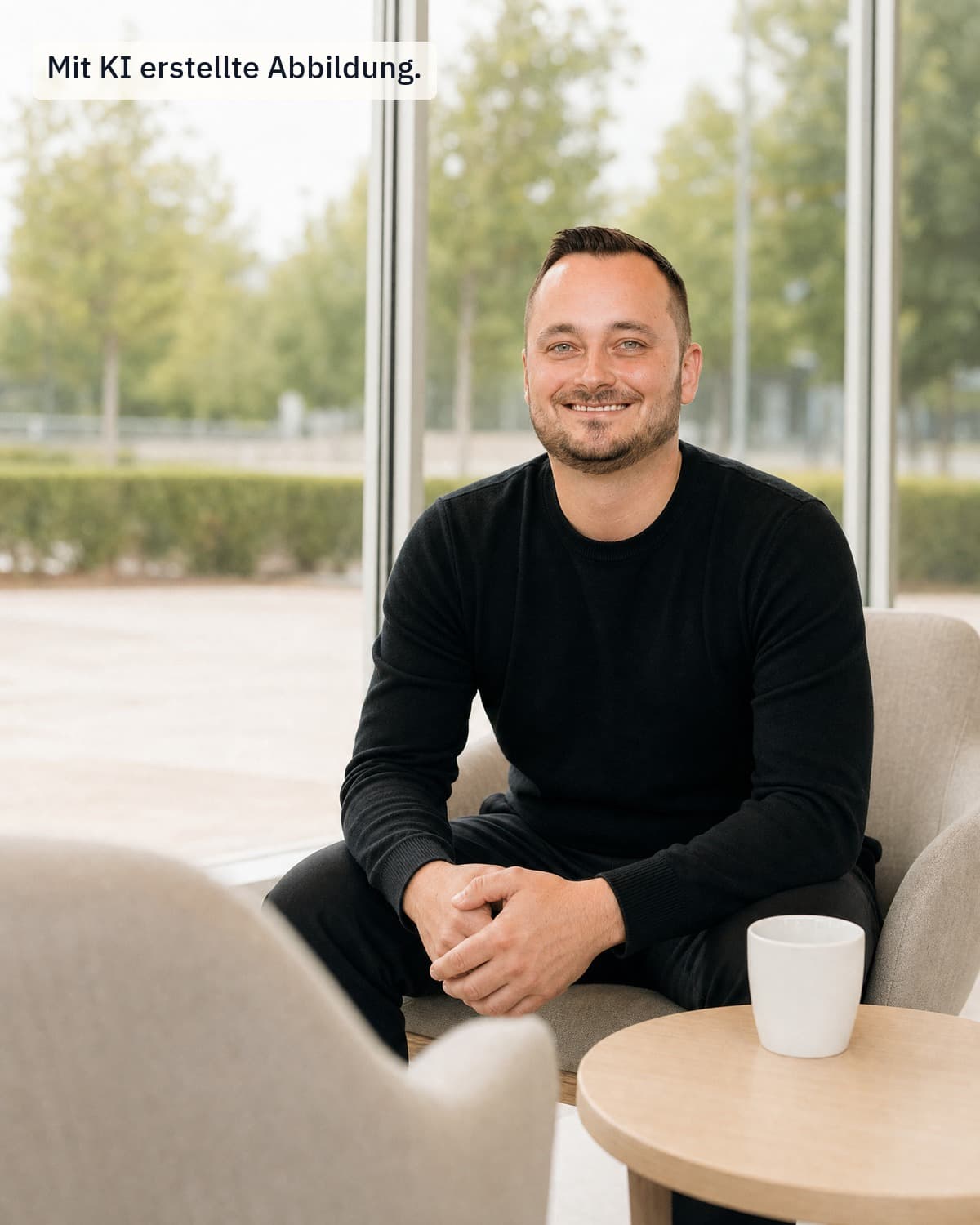 Marc Pütter im schwarzen Pullover sitzt lächelnd in einem Sessel am Fenster – mit KI erstellte Abbildung